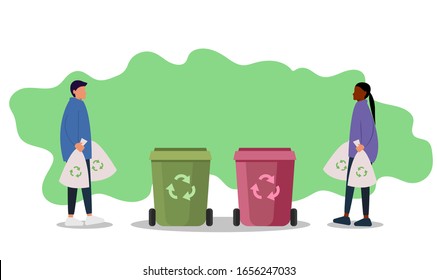 Montón de gente graciosa linda poniendo basura en contenedores de basura, contenedores de basura o contenedores. Conjunto de hombres y mujeres felices que practican recolección, clasificación y reciclaje de basura. Dibujo vectorial plano.
