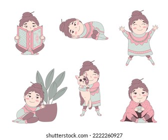 Bundle of cute girl in a voluminous ugly hygge sweater. stickers with a cute girl in a voluminous ugly hygge sweater. Happy introvert character in winter cozy clothes is resting, doing gardening