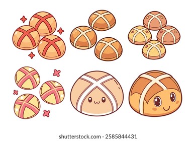 A Bundle of Cute Hot cross buns vector cartoon illustration Easter day