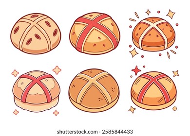 A Bundle of Cute Hot cross buns vector cartoon illustration Easter day