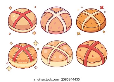 A Bundle of Cute Hot cross buns vector cartoon illustration Easter day