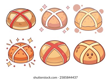 A Bundle of Cute Hot cross buns vector cartoon illustration Easter day