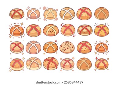 A Bundle of Cute Hot cross buns vector cartoon illustration Easter day