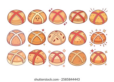 A Bundle of Cute Hot cross buns vector cartoon illustration Easter day