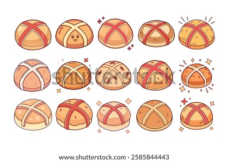 A Bundle of Cute Hot cross buns vector cartoon illustration Easter day