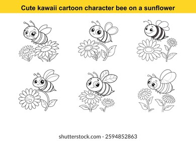 Bundle Cute kawaii cartoon character bee on a sunflower coloring page, vector printable worksheets for preschool.