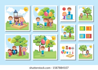 bundle of cute kids in the park vector illustration design