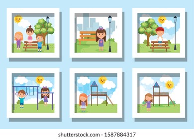 bundle of cute kids in the park vector illustration design