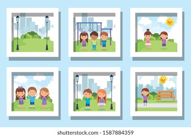 bundle of cute kids in the park vector illustration design