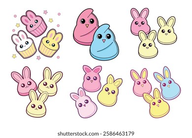 A Bundle of Cute Marshmallow Peeps vector cartoon illustration Easter day