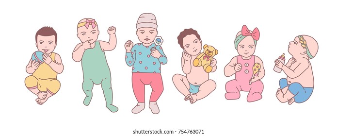 Bundle of cute newborn babies or small children dressed in various clothes and holding toys and rattles. Set of toddlers in different poses drawn in line art style. Colorful vector illustration.