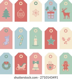 Bundle of cute pastel Christmas gift tags with hand drawn holiday icons: tree, ornament, snowflake, present, deer, stocking, candy cane, wreath, sleigh, bell, cocoa and gingerbread man. Ready-to-print
