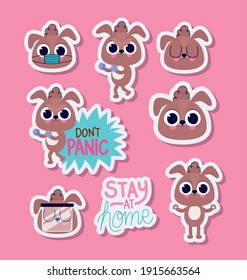 bundle of cute puppys stickers on a pink background vector illustration design