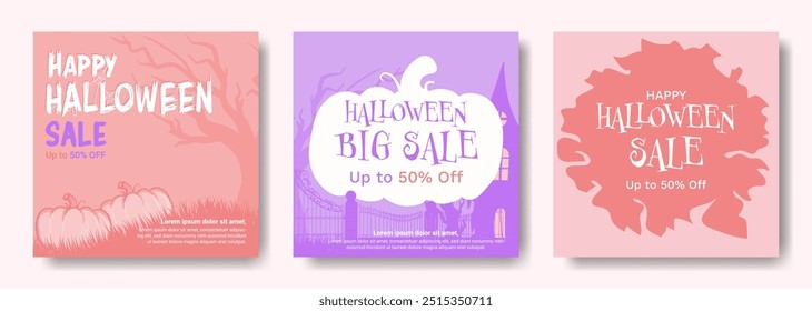 bundle of cute and spooky Halloween sale graphics. These pastel-colored illustrations feature pumpkins, a haunted house, and a spooky tree. Perfect for creating custom Halloween sale designs.