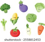 Bundle of cute vegetables characters illustration. Set of tomato, eggplant, cabbage, spring onion, broccoli, lettuce, corn, carrot, turnip on cute hand drawn style