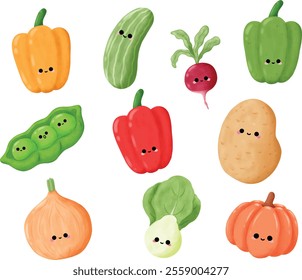 Bundle of cute vegetables characters illustration. Set of paprika, cucumber, beetroot, peas, potato, onion, pak choi, pumpkin on cute hand drawn style