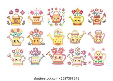 A Bundle of Cute Watering can with flowers vector cartoon illustration Easter day