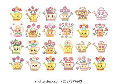 A Bundle of Cute Watering can with flowers vector cartoon illustration Easter day