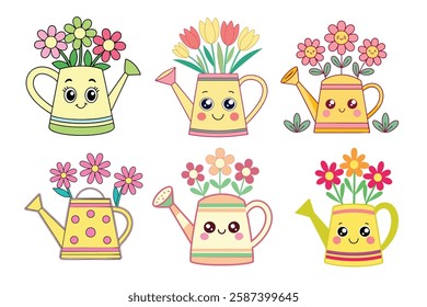 A Bundle of Cute Watering can with flowers vector cartoon illustration Easter day