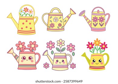 A Bundle of Cute Watering can with flowers vector cartoon illustration Easter day