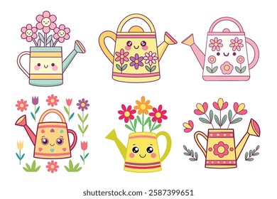 A Bundle of Cute Watering can with flowers vector cartoon illustration Easter day