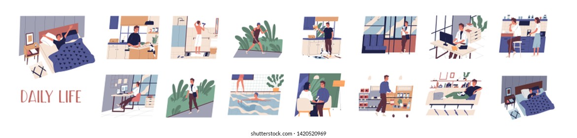 Bundle of daily leisure and work activities performing by young man. Set of everyday routine scenes. Guy sleeping, working, jogging, grocery shopping, relaxing. Flat cartoon vector illustration.
