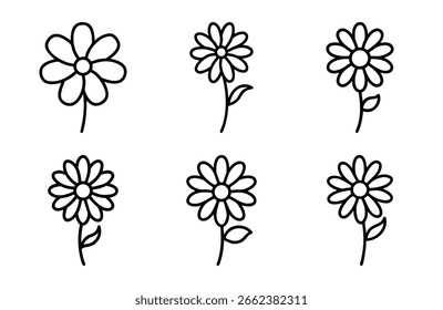  Bundle daisy Flower Icon Set with Elegant Line Art Style for Logos, Tattoos, Spa and Wellness Branding 