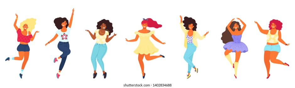 Bundle of dancing different young pretty girls. Modern flat colorful vector illustration. EPS 8.