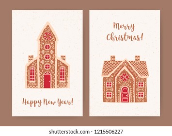 Bundle of decorative Christmas and New Year greeting card or postcard templates with sweet tasty gingerbread houses and holiday wishes. Festive colorful vector illustration in flat cartoon style.