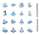 Bundle of Decorative Water Fountains Isometric Icons 

