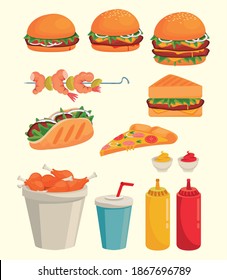 bundle of delicious fast food icons vector illustration design