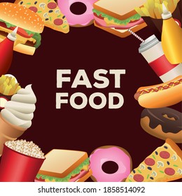 bundle of delicious fast food menu frame around vector illustration design