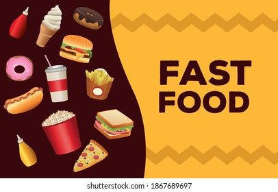 bundle of delicious fast food menu and lettering vector illustration design