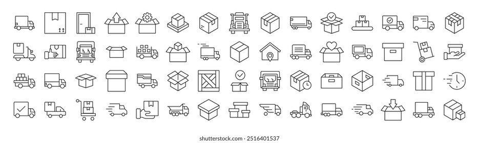 Bundle of Delivery Related Line Icons. Editable Stroke for Design, Web Sites, Apps, Cards. Contains Linear Images of Boxes and Vans