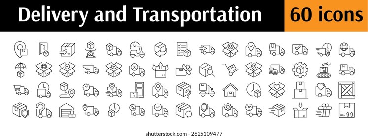 Pacote de Ícones de Linha Relacionados à Distribuição. Transporte, Encomenda, Carga, Caminhão Outline Signs para Design Gráfico e Web, Apps, Anúncios, Vários Cartões