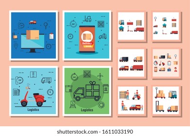 bundle of delivery service designs with icons vector illustration design