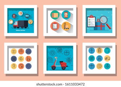 bundle of delivery service designs with icons vector illustration design