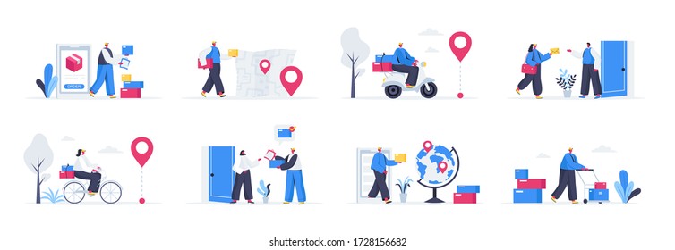 Conjunto de escenas del servicio de entrega. Entrega en línea de pedidos y mensajeros en casa, envío global e ilustración plana de vector logística. Paquete de entrega rápida con personajes de personas en situaciones.