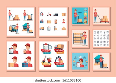 bundle of delivery service with workers and icons vector illustration design