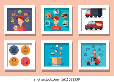 bundle of delivery service with workers and icons vector illustration design