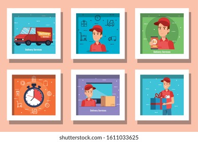 bundle of delivery service with workers and icons vector illustration design