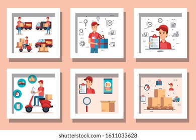 bundle of delivery service with workers and icons vector illustration design