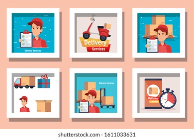 bundle of delivery service with workers and icons vector illustration design