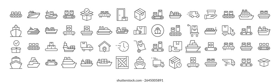 Pacote de Ícones de Linha Relacionados a Distribuição e Transporte. Outline Signs para Gráficos e Web Design, Apps, Anúncios, Vários Cartões