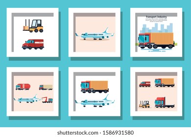 bundle of delivery vehicles transportation vector illustration design