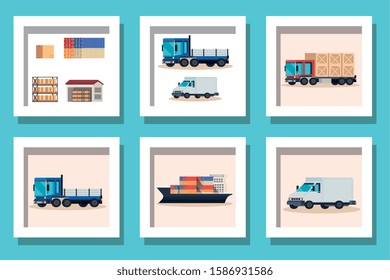 bundle of delivery vehicles transportation vector illustration design