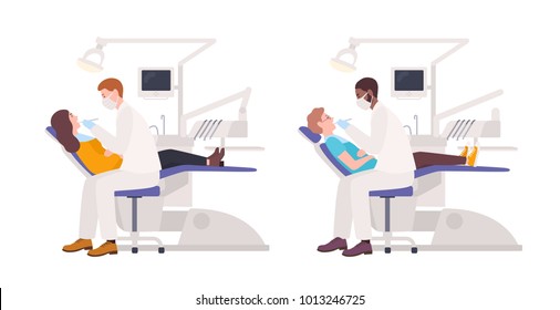 Bundle of dentists examining male and female patients lying in chairs. Set of dental surgeons treating man and woman isolated on white background. Flat cartoon characters. Vector illustration.