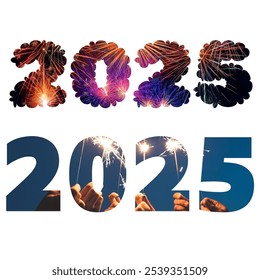 Bundelontwerp van Nieuwjaar 2025 Vuurwerk thema op geïsoleerde achtergrond. Typografie Logo Vector Illustratie. Perfect voor wenskaart, kalender, achtergrond en meer