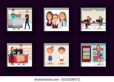 bundle of designs of business people with purchaser and children vector illustration design