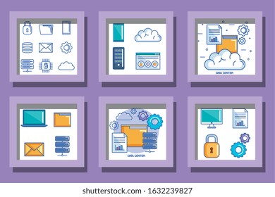 bundle designs of data center and icons vector illustration design